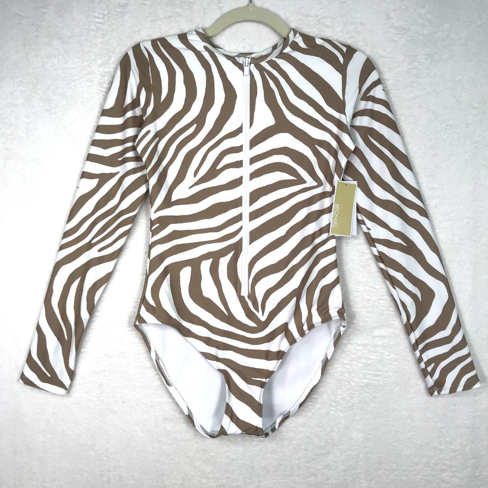 Michael Kors One Piece Swimsuit 8 Tan White Zip Long Sleeve Rash Guard Zebra